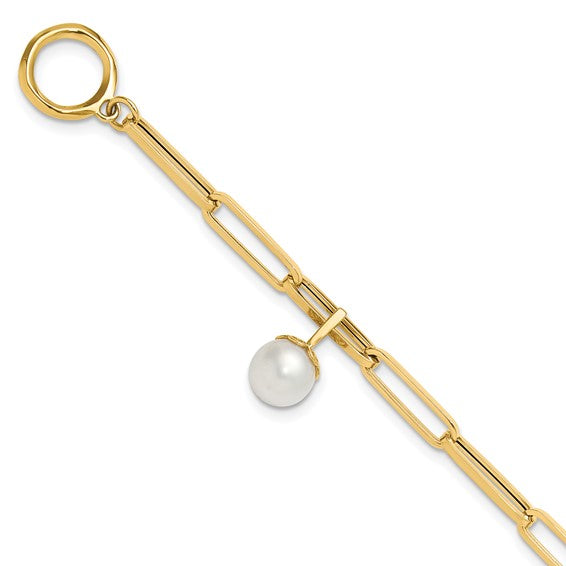 Brand New 14k Yellow Gold Cultured Pearl Paperclip Link Toggle Bracelet  7.5