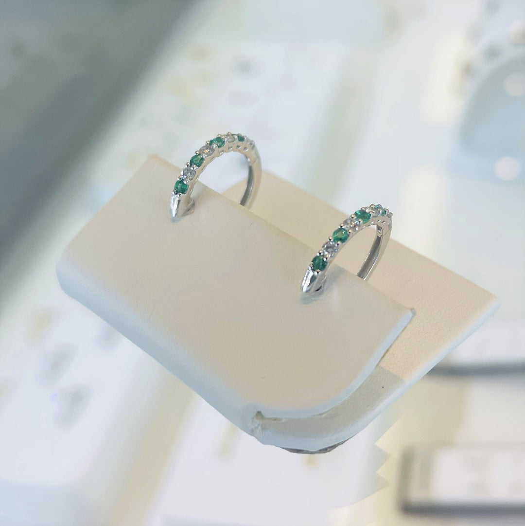 14k White Gold Emerald and Diamond Hoop Earrings