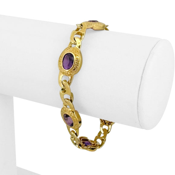 14k Yellow Gold 18.4g Vintage Amethyst Station Curb Link Bracelet 7