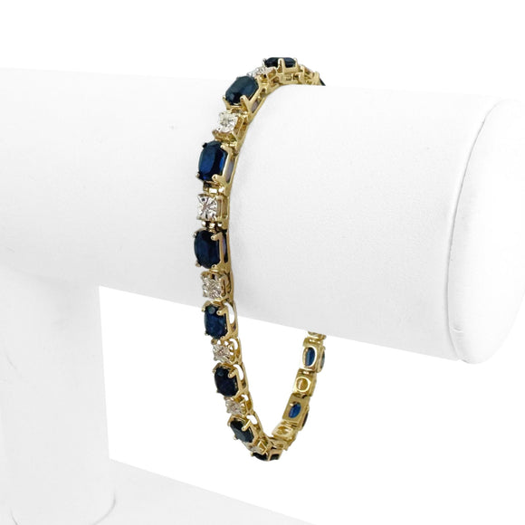 10k Yellow Gold 9.9g Blue Sapphire and Diamond Link Bracelet 6.75