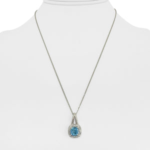 14k White Gold Swizz Blue Topaz and Diamond Pendant Necklace 18"