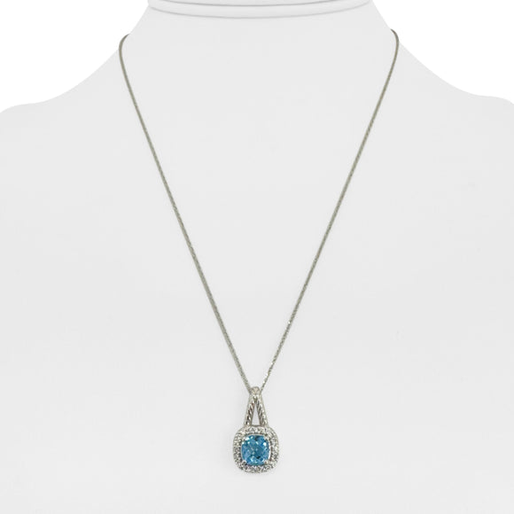 14k White Gold Swizz Blue Topaz and Diamond Pendant Necklace 18