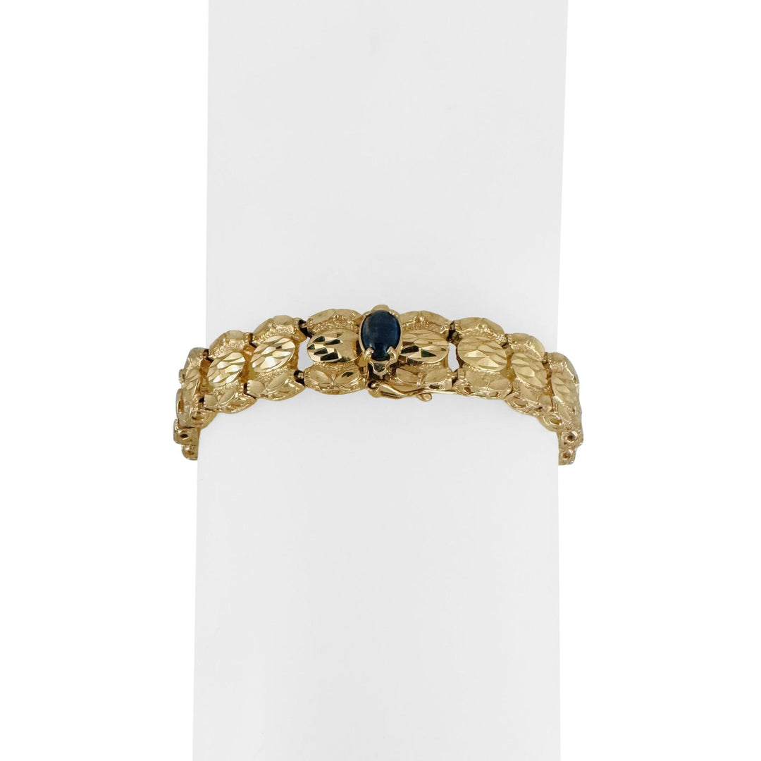 14k Yellow Gold and Cabochon Sapphire 17.2g Solid Vintage Fancy Link Bracelet 7"