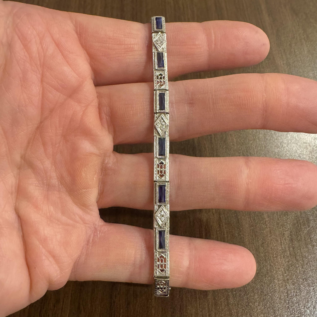 14k White Gold Sapphire and Diamond Vintage Filigree Panel Link Bracelet 6.75"