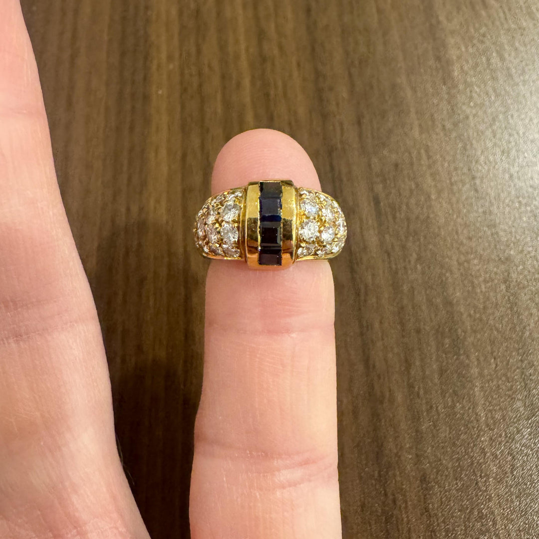 18k Yellow Gold Blue Sapphire and 1cttw Diamond Vintage Ring Size 3.25