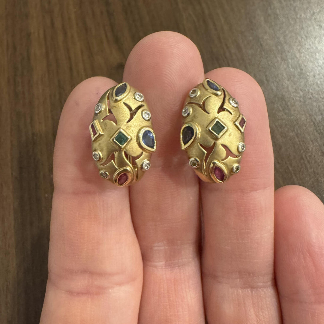 14k Yellow Gold Multi Gemstone and Diamond Huggie Earrings