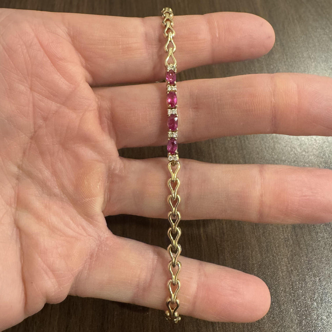 14k Yellow Gold Pink Sapphire and Diamond Link Bracelet 7"