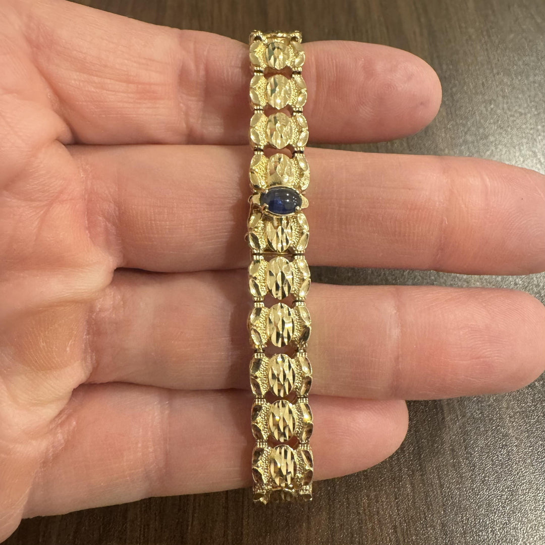 14k Yellow Gold and Cabochon Sapphire 17.2g Solid Vintage Fancy Link Bracelet 7"