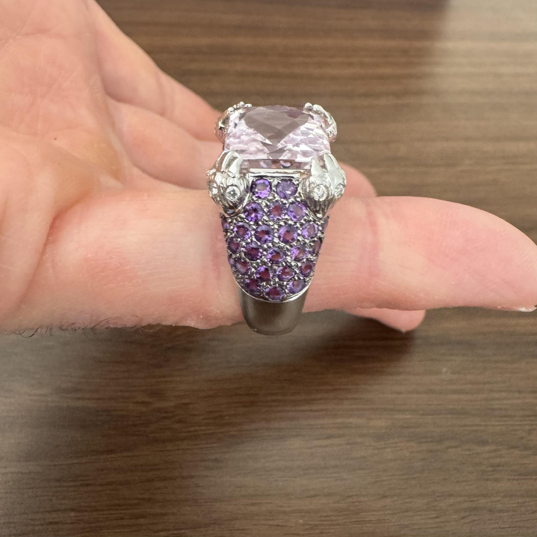 LeVian 14k White Gold Pink Quartz Amethyst and Diamond Ring Size 7