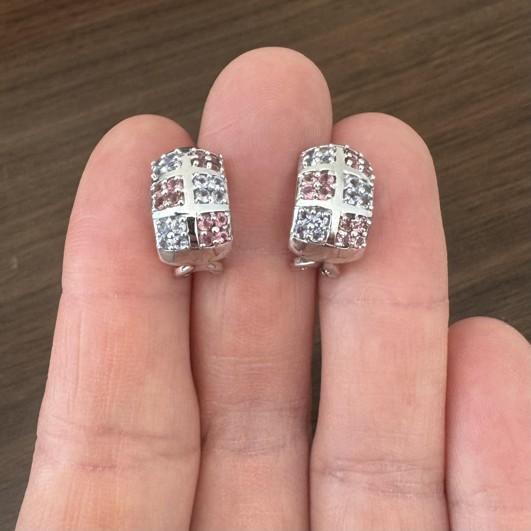 14k White Gold Iolite and Pink Topaz Huggie Earrings