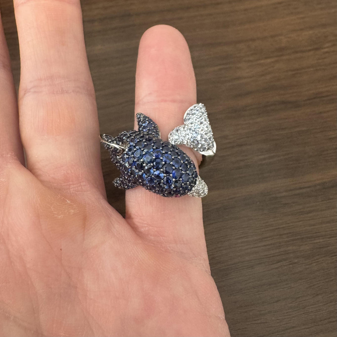 18k White Gold Blue Sapphire Ruby and Diamond Bypass Dolphin Ring Size 7