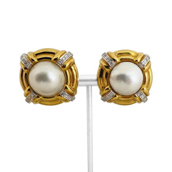 18k Yellow Gold Mabe Pearl and Diamond 18.4g Vintage Earclips 1