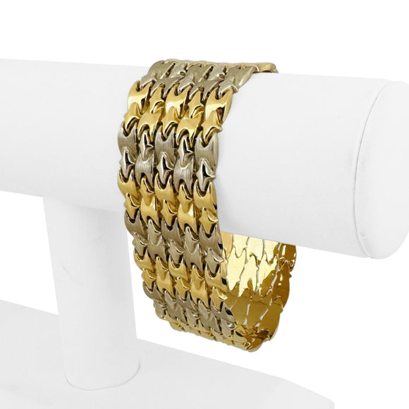 18k Yellow and White Gold 39g Ladies Wide 27mm Fancy Link Bracelet Italy 7.5