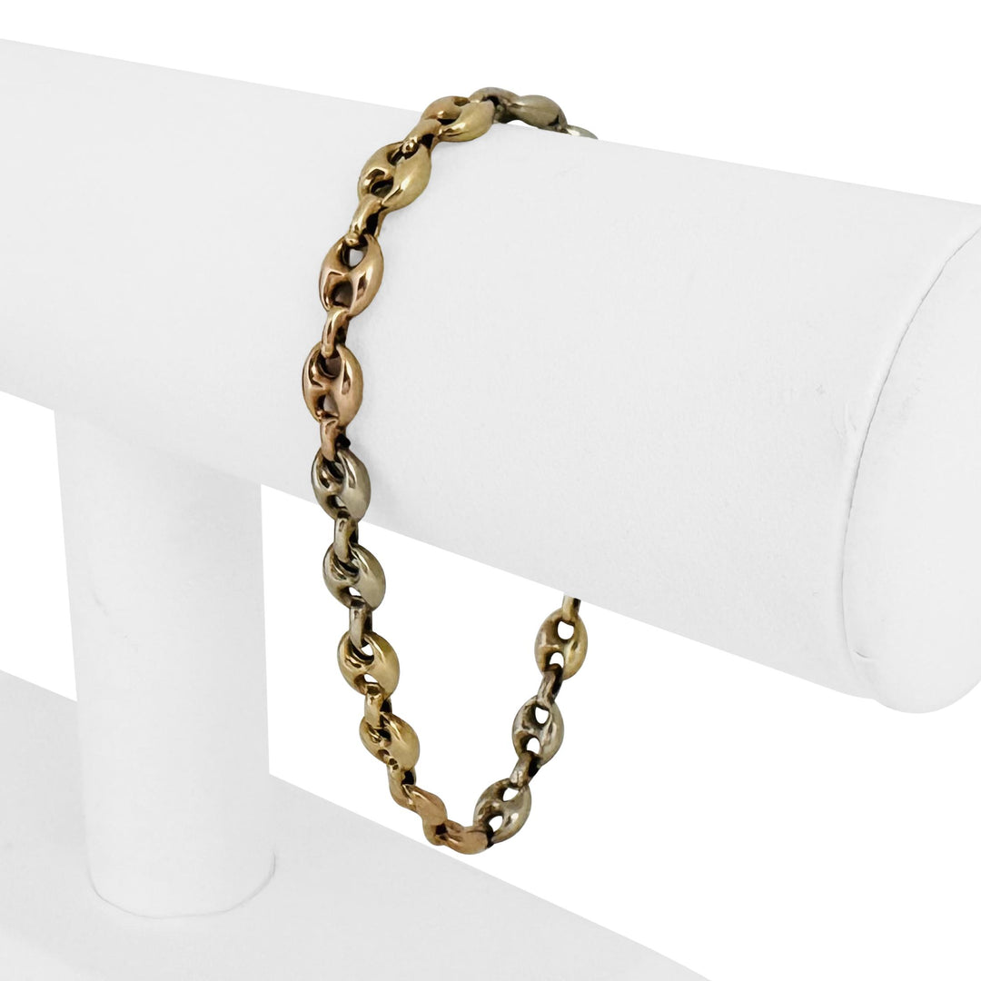 14k Yellow White and Rose Gold 6.2g Puffy Mariner Link Bracelet Italy 7.5"