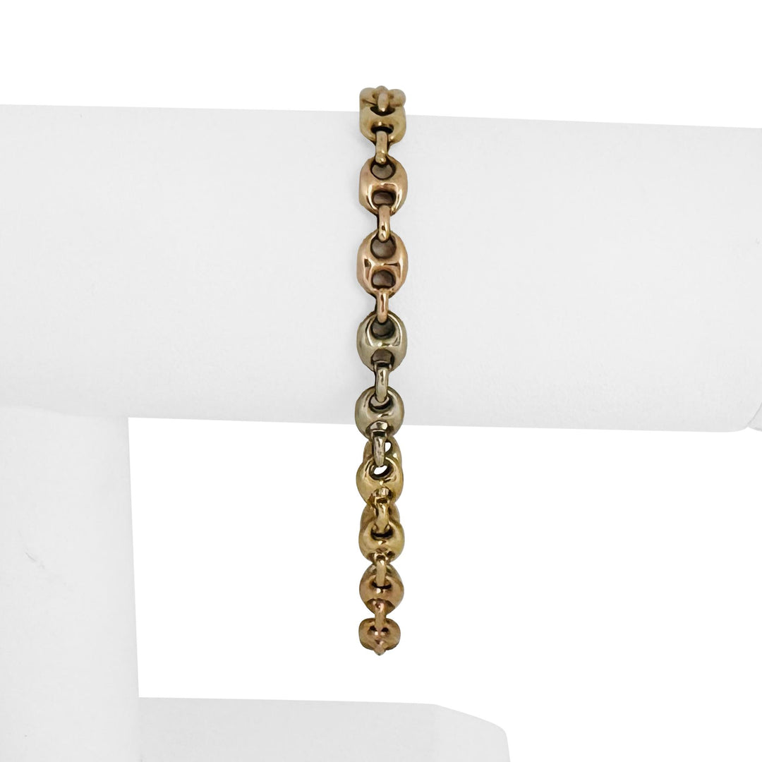 14k Yellow White and Rose Gold 6.2g Puffy Mariner Link Bracelet Italy 7.5"