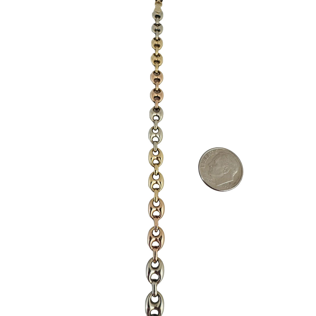 14k Yellow White and Rose Gold 6.2g Puffy Mariner Link Bracelet Italy 7.5"