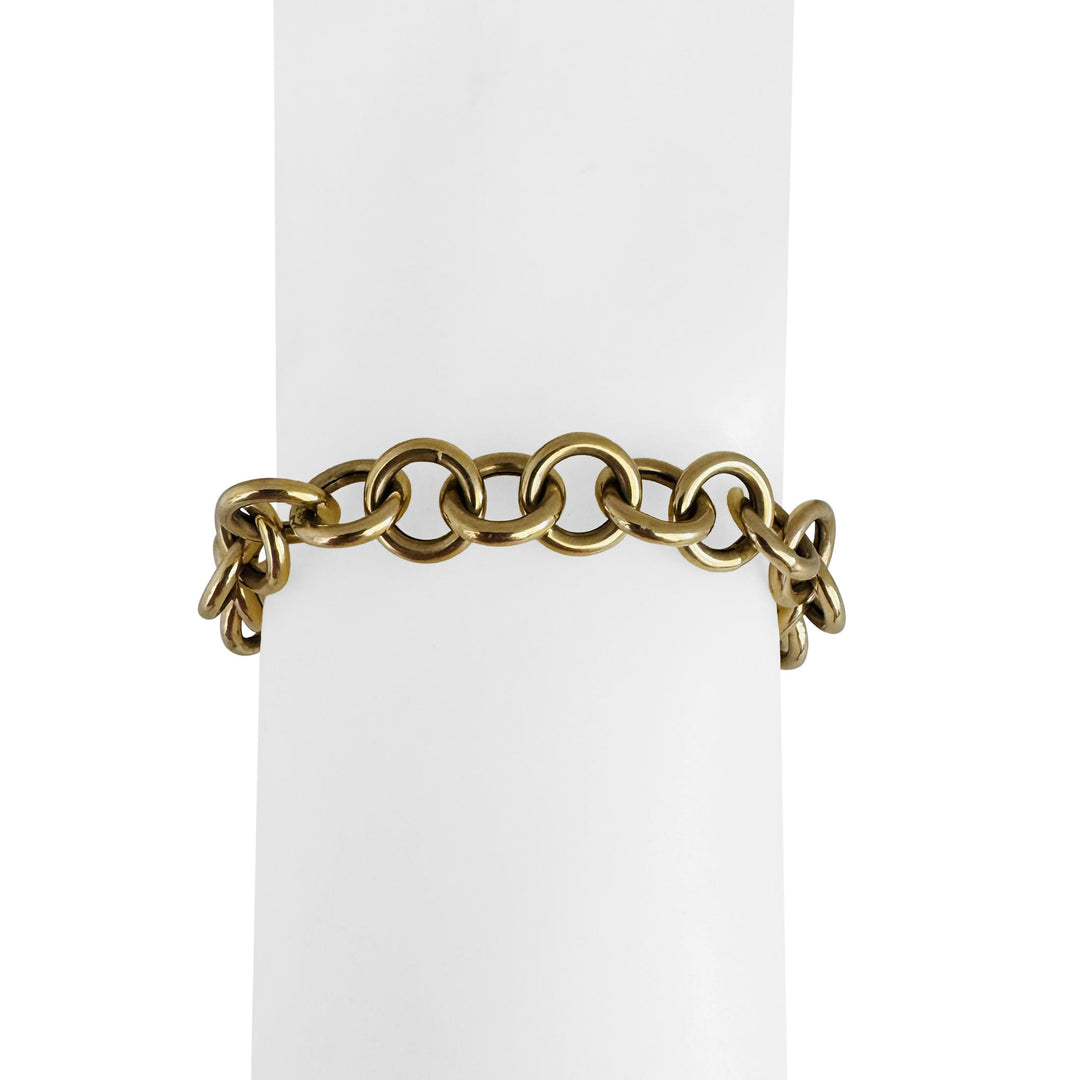 14k Yellow Gold 22.6g Circle Link Bracelet with Heart Charm Toggle 7.5"