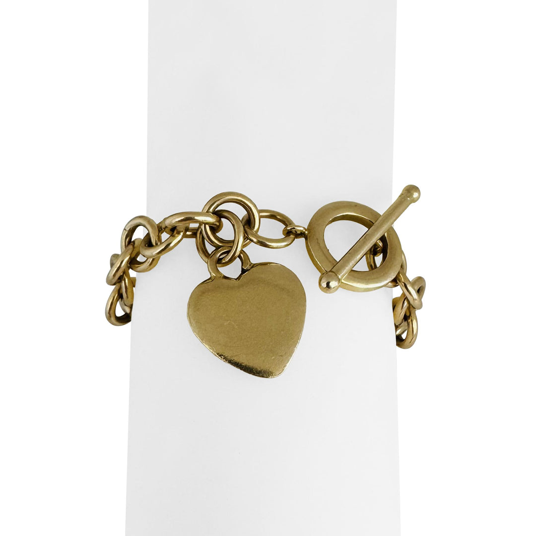 14k Yellow Gold 22.6g Circle Link Bracelet with Heart Charm Toggle 7.5"