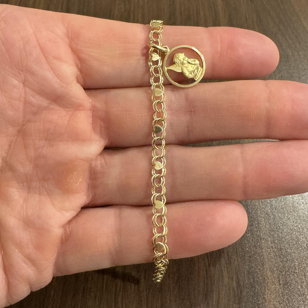 14k Yellow Gold 5.5g Light Double Circle Link Baby Angel Charm Bracelet 7.5"