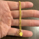 24k Pure Yellow Gold 13g Solid Curb Link Bracelet with Heart Charm 7"