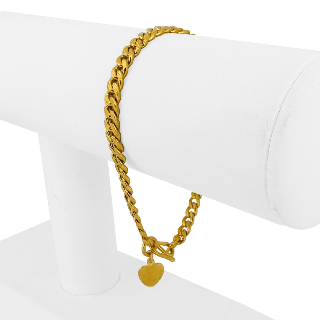 24k Pure Yellow Gold 16g Diamond Cut Curb Link Bracelet with Heart Charm 6.5"