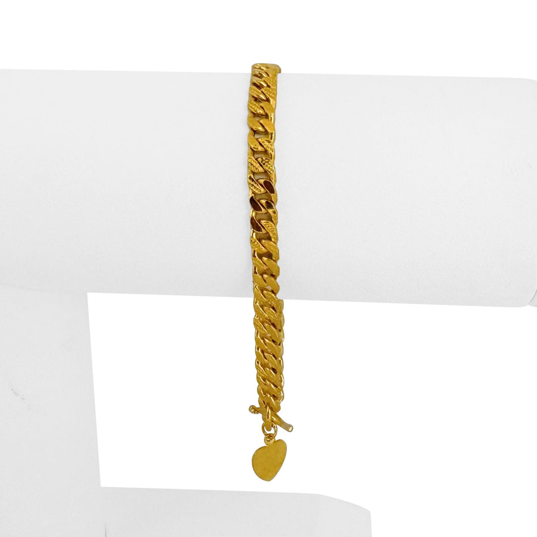 24k Pure Yellow Gold 13g Solid Curb Link Bracelet with Heart Charm 7"