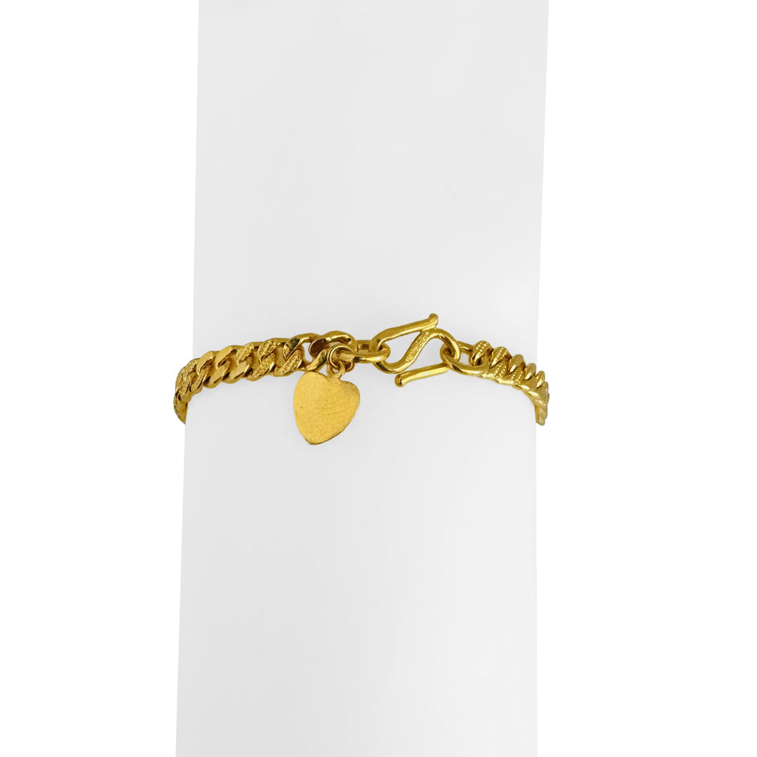 24k Pure Yellow Gold 13g Solid Curb Link Bracelet with Heart Charm 7"