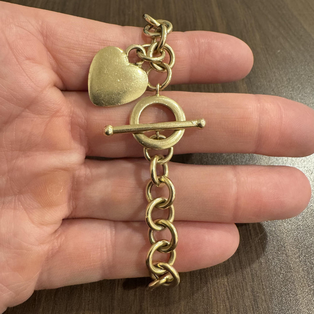 14k Yellow Gold 22.6g Circle Link Bracelet with Heart Charm Toggle 7.5"