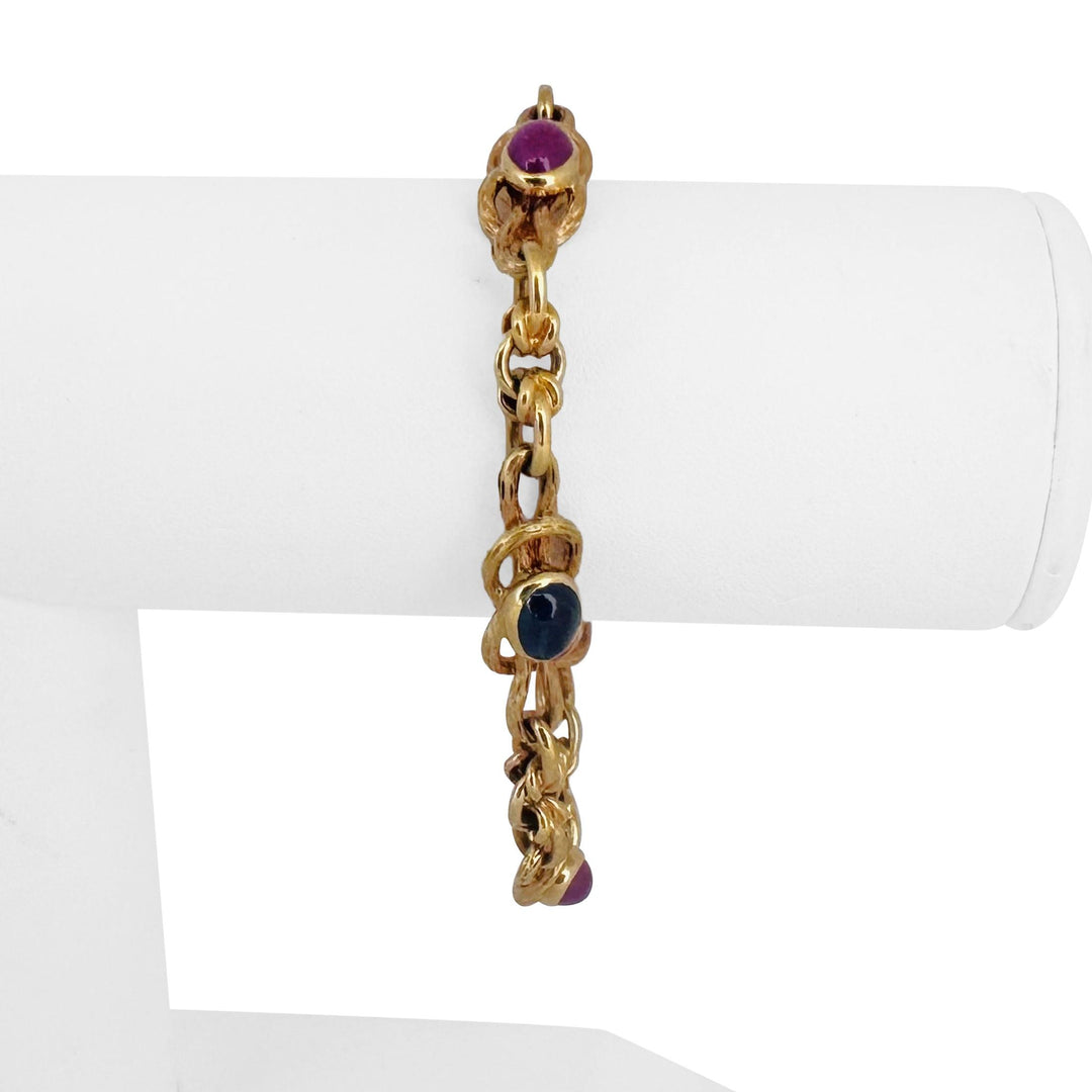 19k Portuguese Yellow Gold 28.2g Solid Cabochon Sapphire and Ruby Bracelet 7.5"