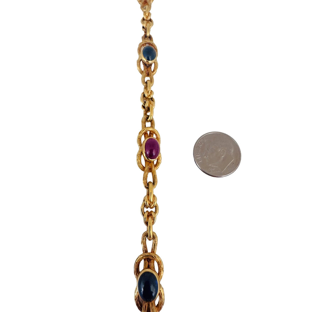 19k Portuguese Yellow Gold 28.2g Solid Cabochon Sapphire and Ruby Bracelet 7.5"