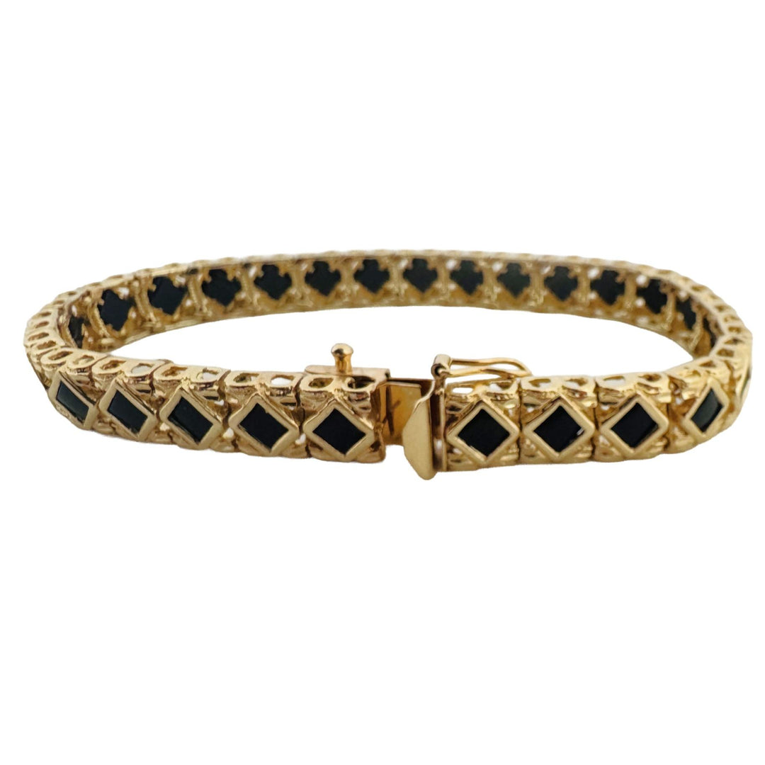 14k Yellow Gold and Onyx 22g Solid Diamond Cut Fancy Link Bracelet 7.5"