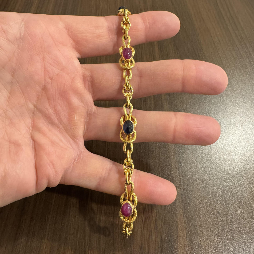 19k Portuguese Yellow Gold 28.2g Solid Cabochon Sapphire and Ruby Bracelet 7.5"