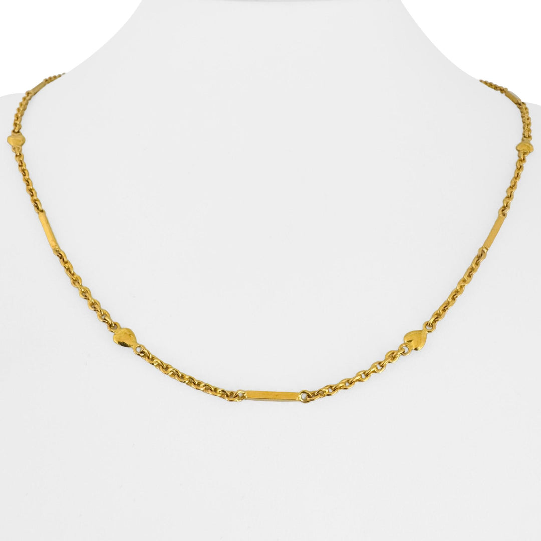 24k Pure Yellow Gold 17g Solid Heart Bar and Cable Link Chain Necklace 20"