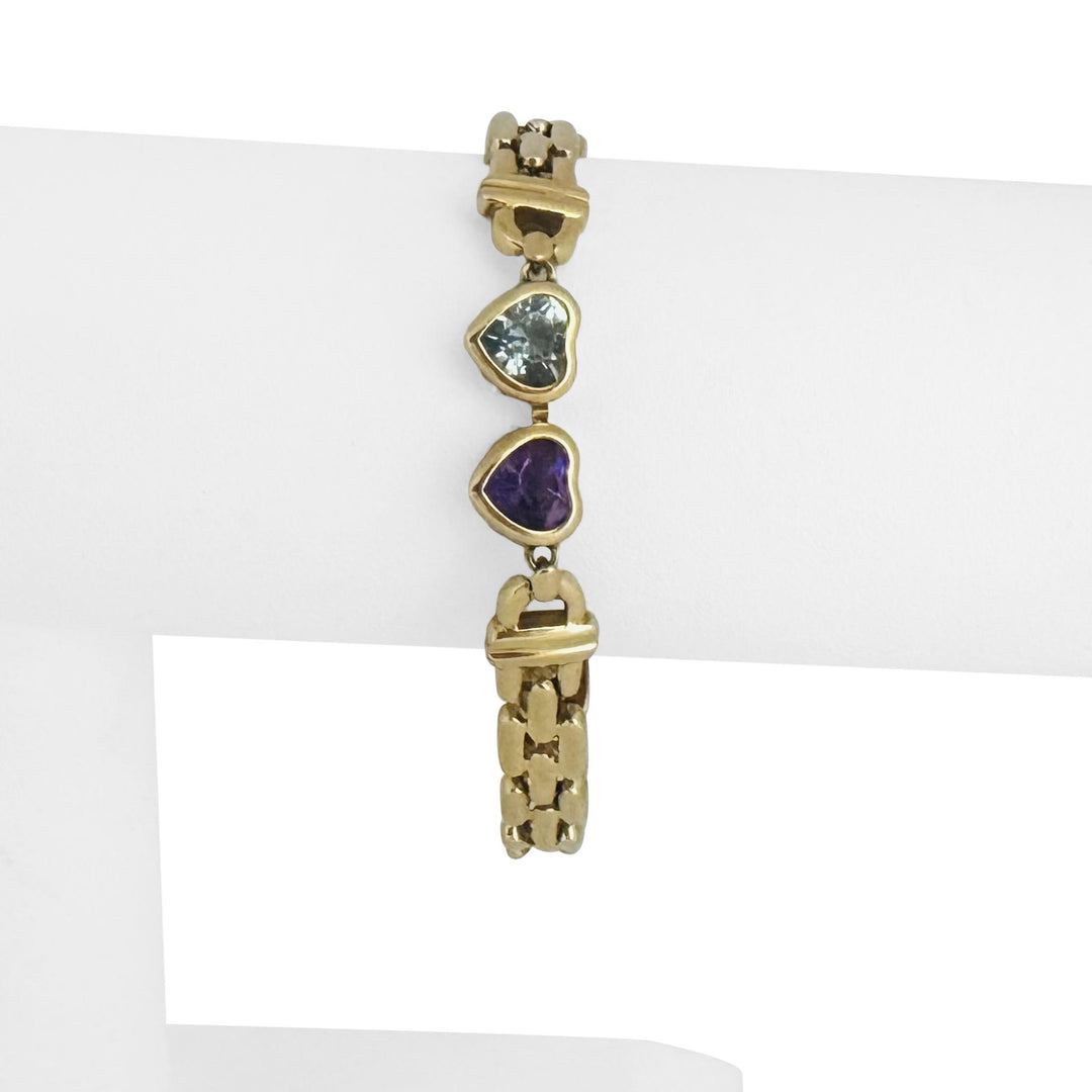 14k Yellow Gold 12.4g Heart Gemstone and Panther Link Bracelet Italy 6.5"