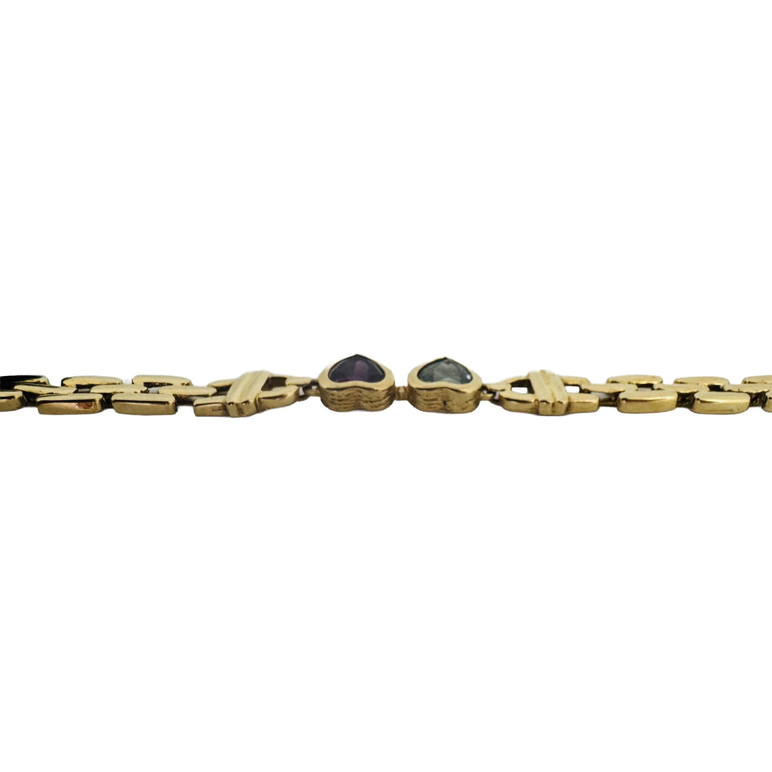 14k Yellow Gold 12.4g Heart Gemstone and Panther Link Bracelet Italy 6.5"