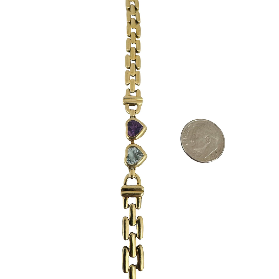 14k Yellow Gold 12.4g Heart Gemstone and Panther Link Bracelet Italy 6.5"