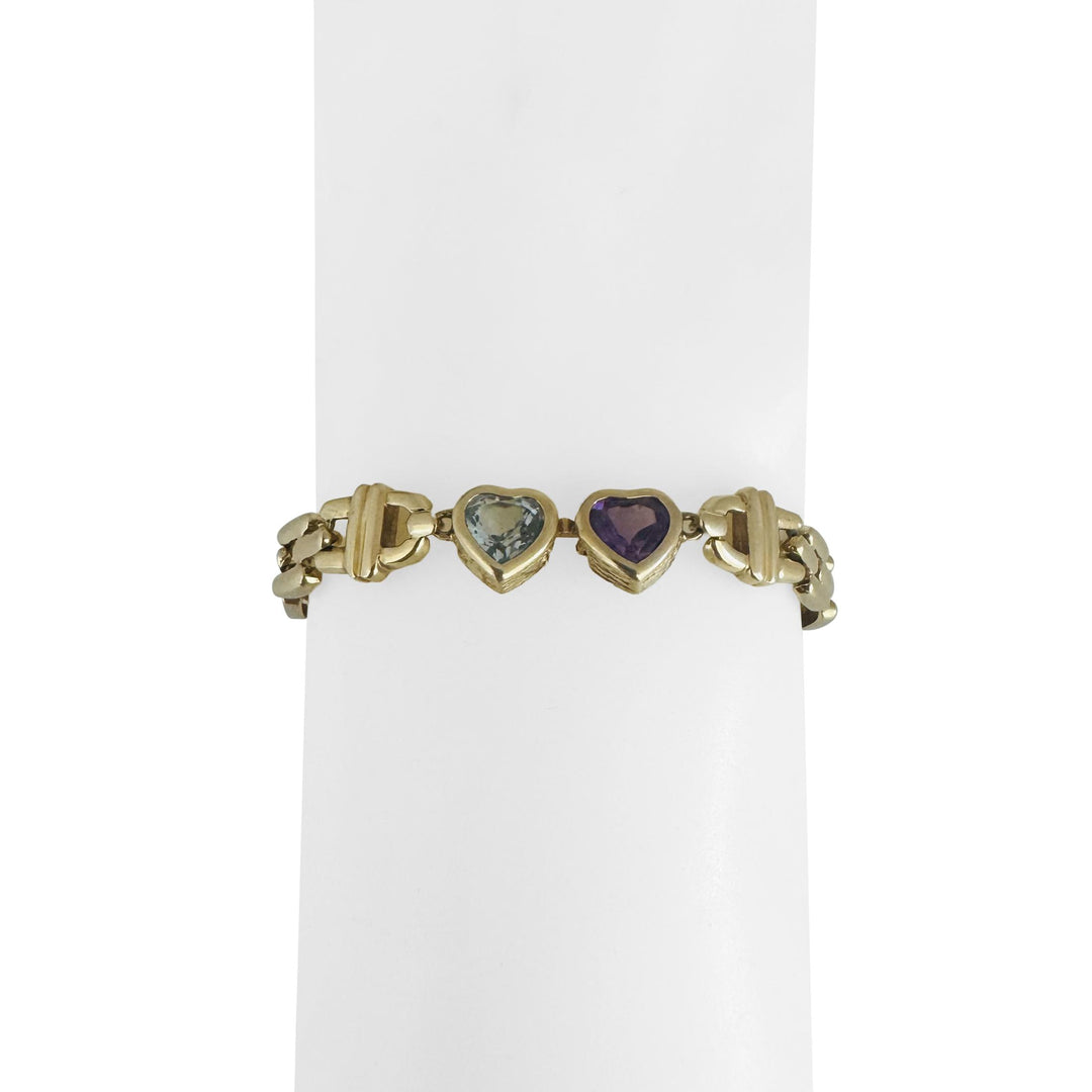 14k Yellow Gold 12.4g Heart Gemstone and Panther Link Bracelet Italy 6.5"