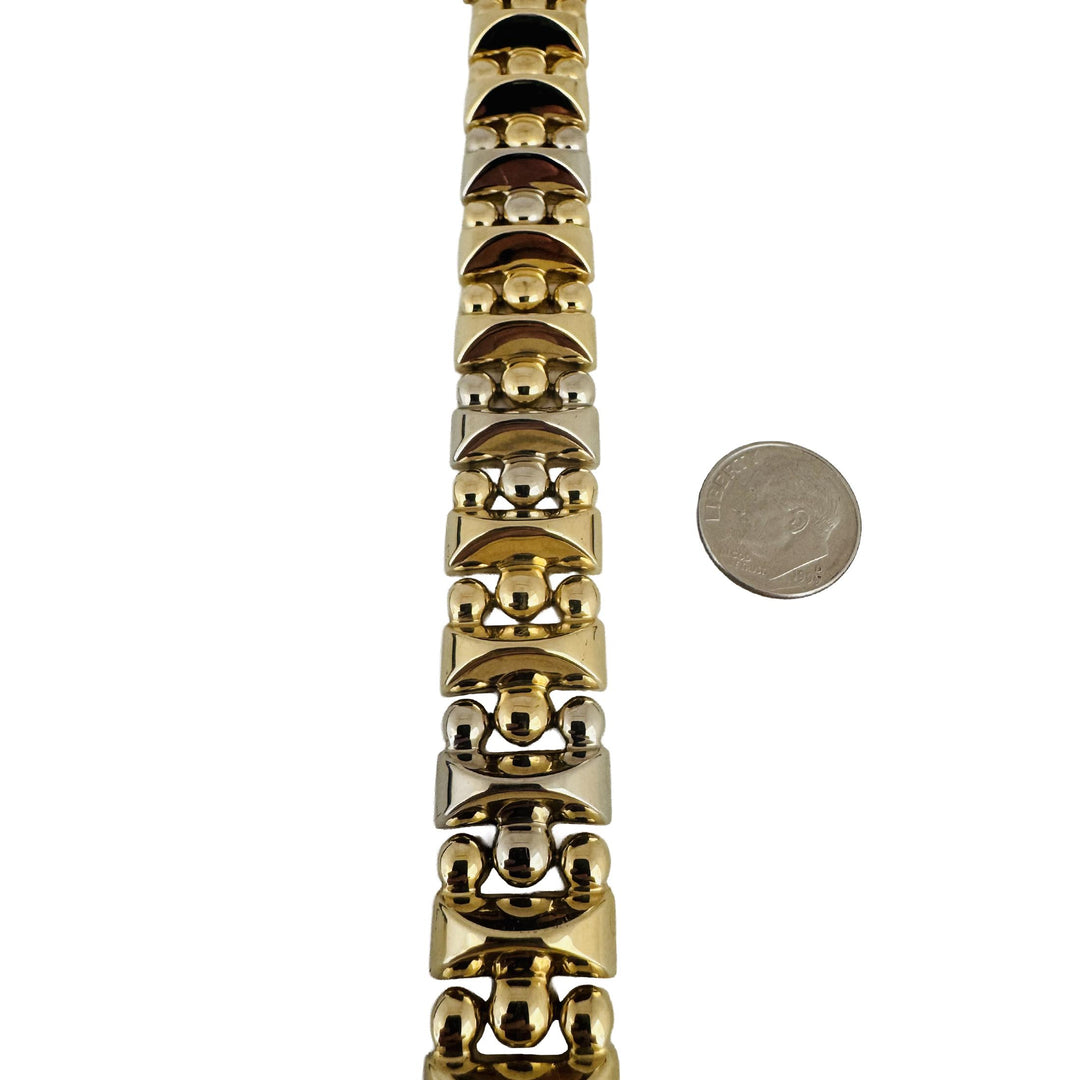 14k Yellow and White Gold 36.6g Thick Fancy Ball Link Bracelet Italy 7.5"