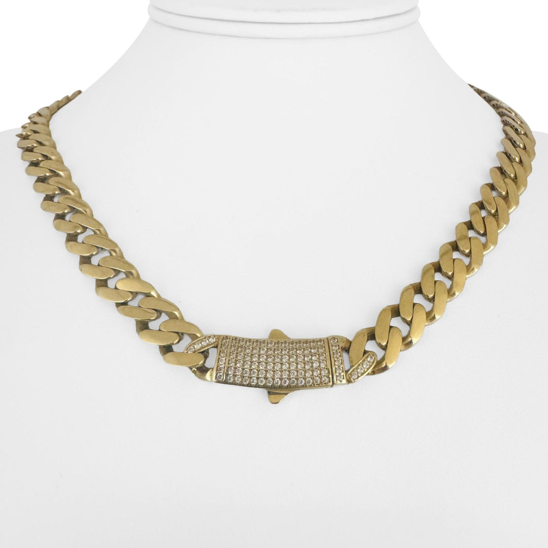 14k Yellow Gold 26.8g Semi Solid Cuban Link CZ Clasp Chain Necklace Italy 17.5"