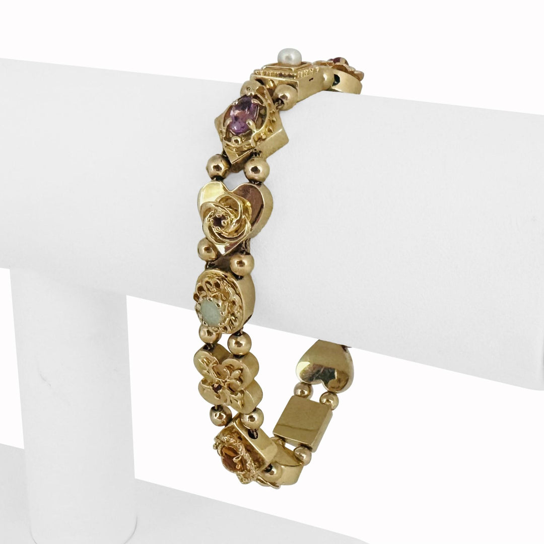14k Yellow Gold 24.7g Heavy Multi Gemstone Slide Charm Bracelet 7.25"