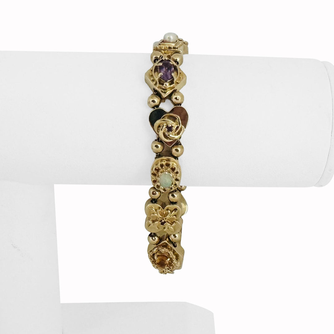 14k Yellow Gold 24.7g Heavy Multi Gemstone Slide Charm Bracelet 7.25"