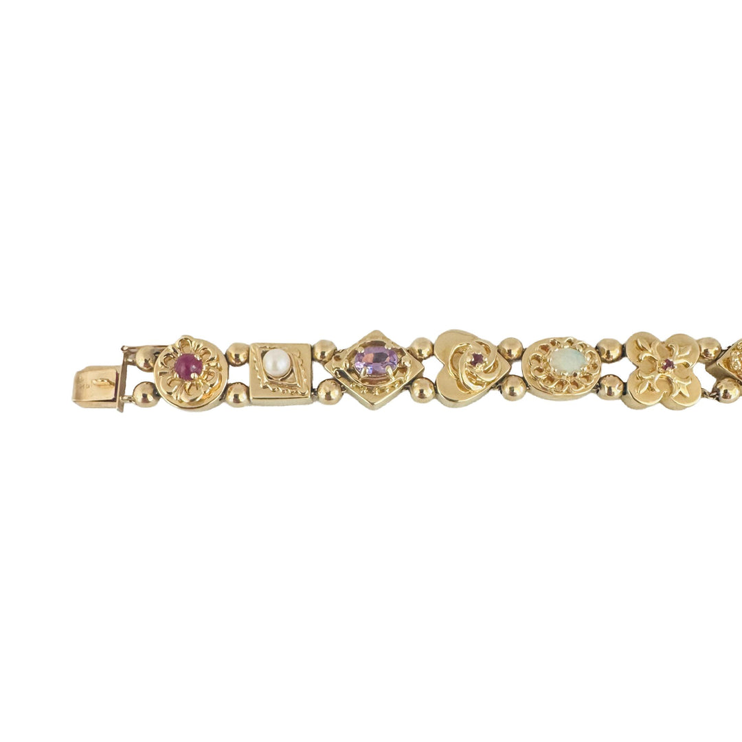14k Yellow Gold 24.7g Heavy Multi Gemstone Slide Charm Bracelet 7.25"