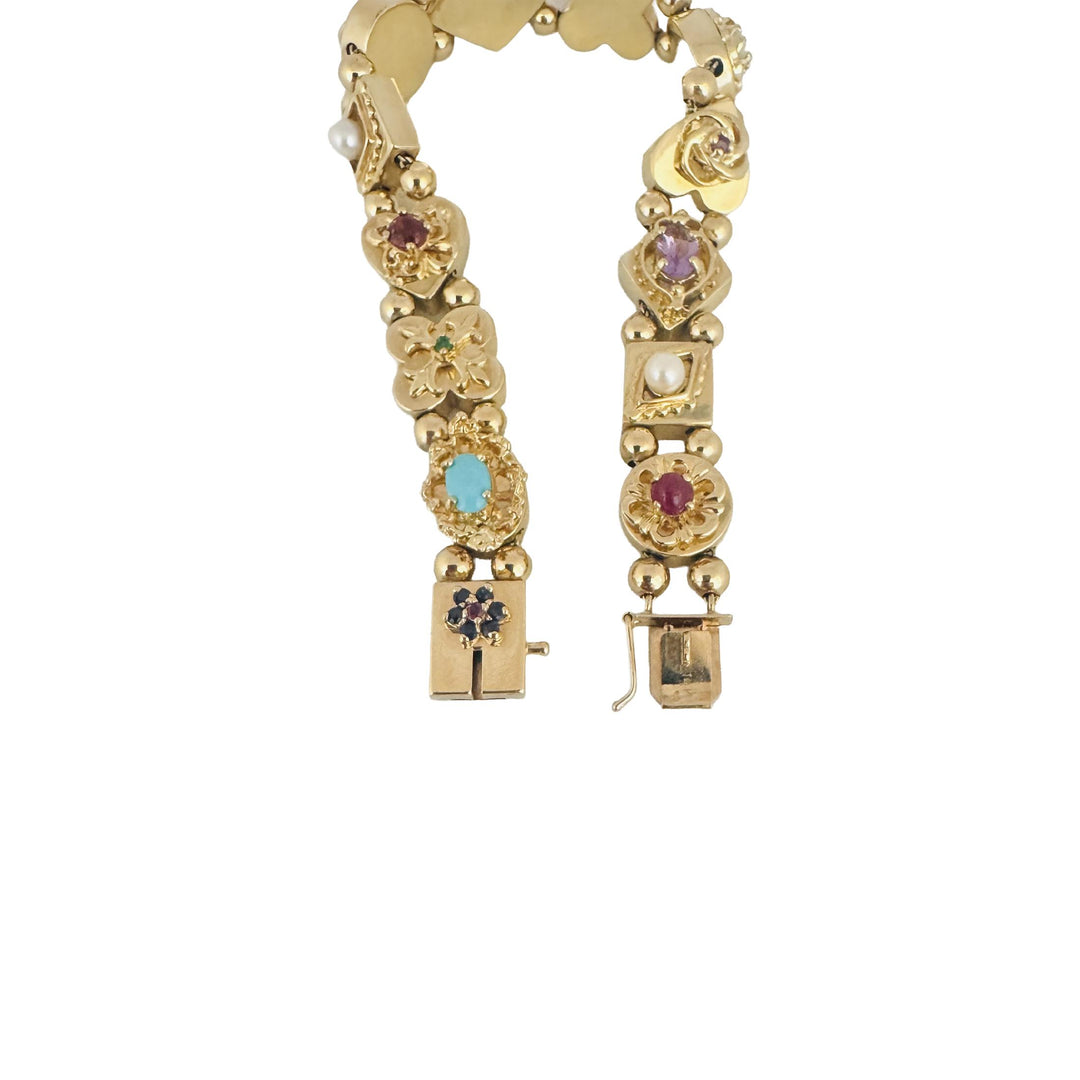 14k Yellow Gold 24.7g Heavy Multi Gemstone Slide Charm Bracelet 7.25"