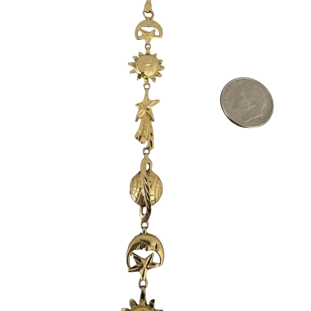 14k Yellow Gold 8.5g Sun Moon Earth Stars Charm Bracelet 7.25"