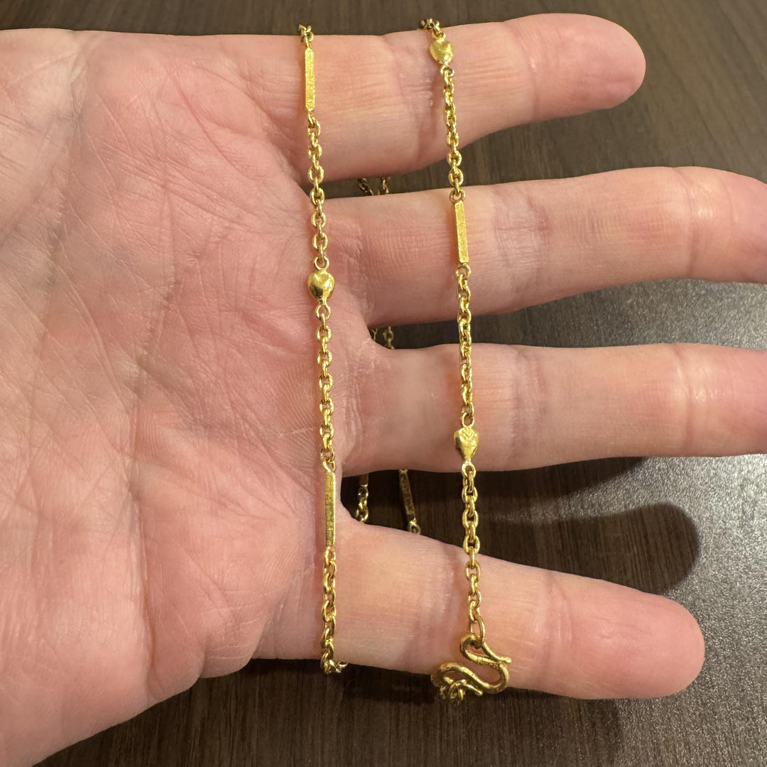 24k Pure Yellow Gold 17g Solid Heart Bar and Cable Link Chain Necklace 20"