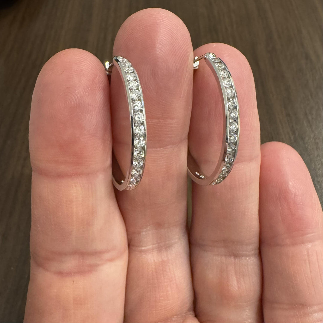 14k White Gold and 1cttw Diamond Hoop Earrings 1"