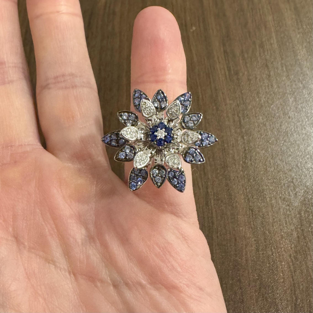 Effy 14k White Gold Blue Sapphire and Diamond Floral Spinner Ring Size 8