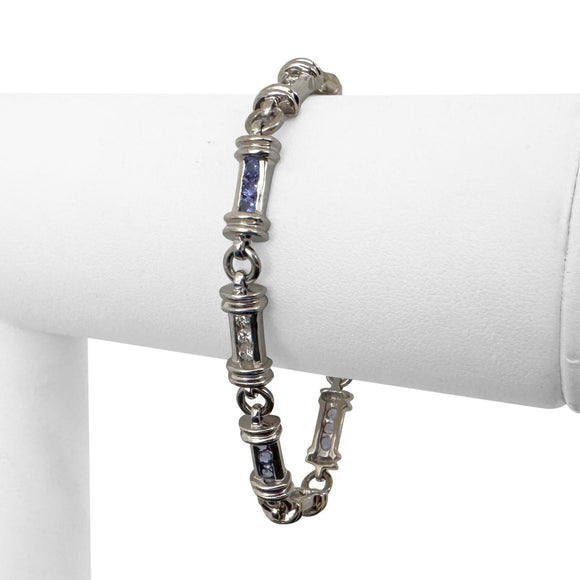 14k White Gold Tanzanite and Diamond 19.8g Bar Link Bracelet 7