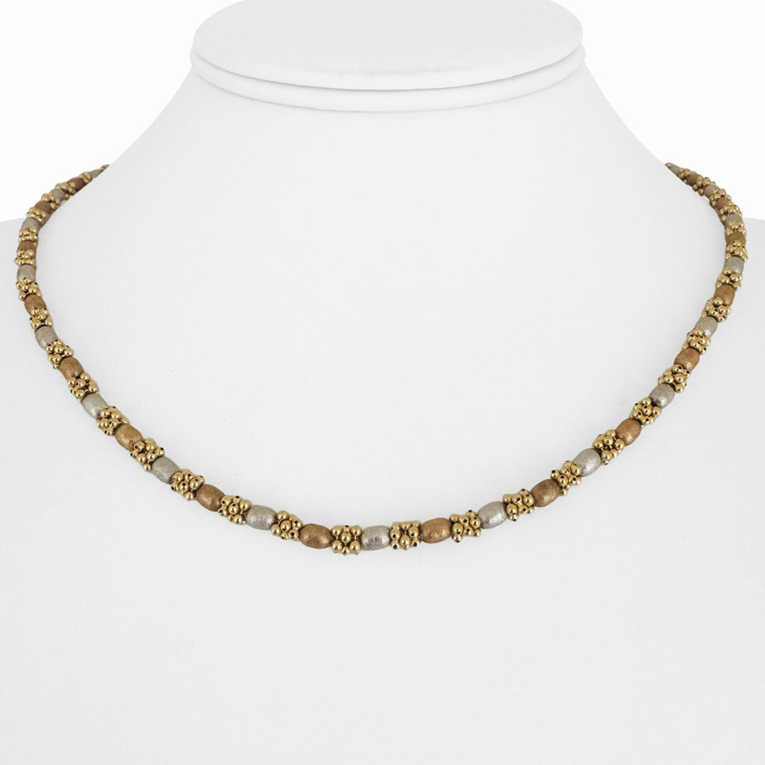 18k Tri Tone Gold 27g Solid Fancy Vintage Ball Bead Necklace Italy 17.5"