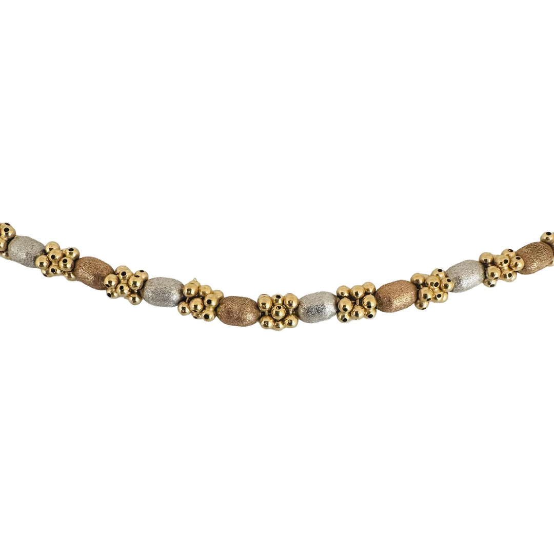 18k Tri Tone Gold 27g Solid Fancy Vintage Ball Bead Necklace Italy 17.5"
